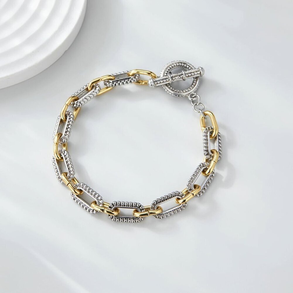 Link Bracelet for Women Gold Silver Two-Tone Circles Chain Bangle - Picture 6 of 6